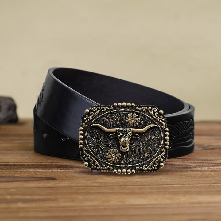 Cintura in pelle con fibbia in strass floreale fai da te da uomo - Toro - Cintura aquila nera in rilievo (38) - image 3