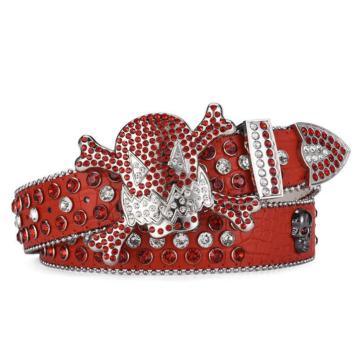 Cintura in pelle con decorazione in perline e strass a forma di teschio di roccia - Rosso - 46 - image 3