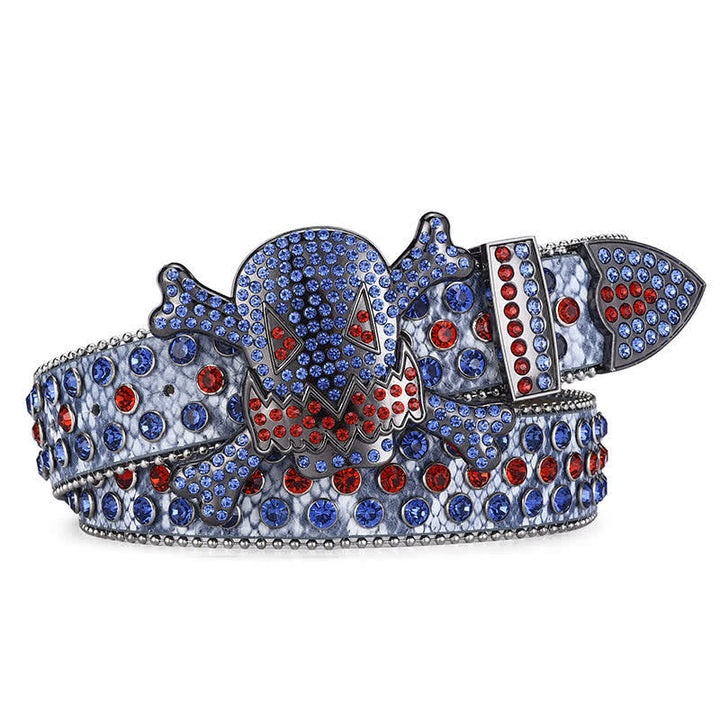 Cintura in pelle con decorazione in perline e strass a forma di teschio di roccia - Blu - 46 - image 4