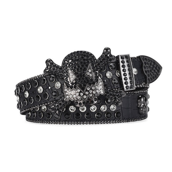 Cintura in pelle con decorazione in perline e strass a forma di teschio di roccia - Nero - 46 - image 0