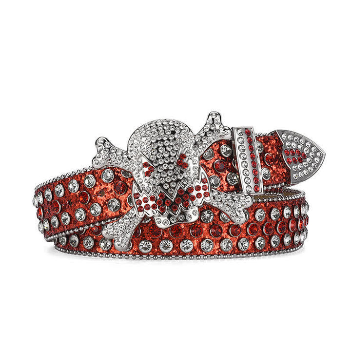 Cintura in pelle con decorazione in perline e strass a forma di teschio di roccia - Rosso brillante - 46 - image 6