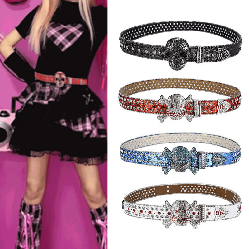 Cintura in pelle con decorazione in perline e strass a forma di teschio di roccia - image 1