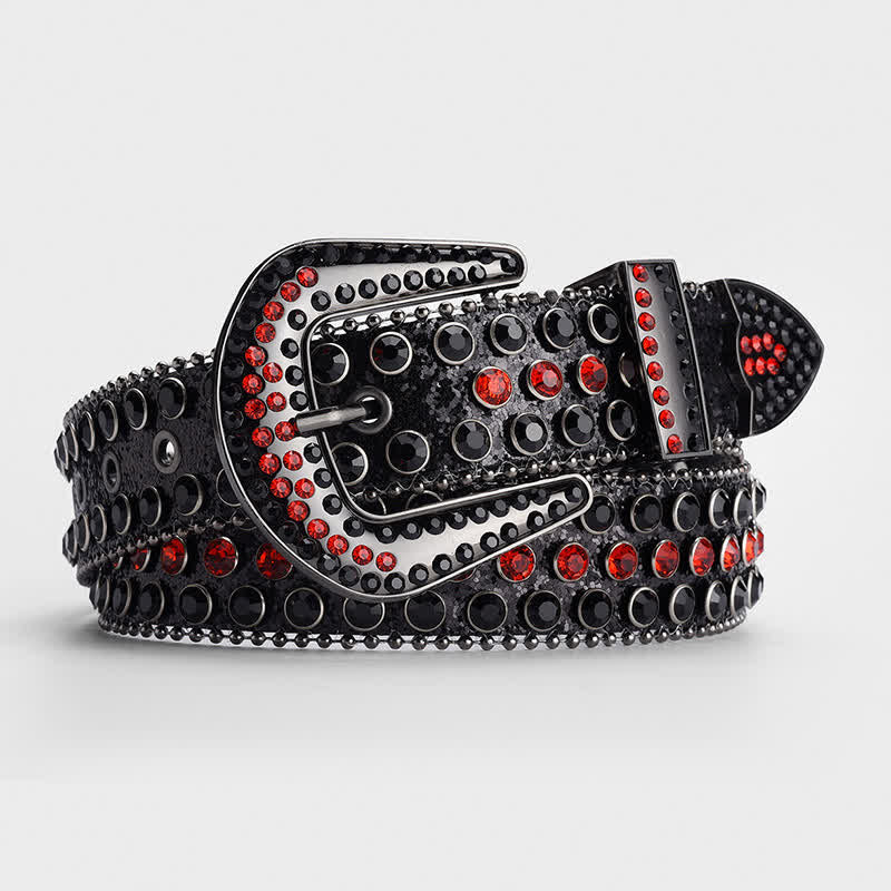 Cintura in pelle tempestata di cristalli e strass scintillanti - Nero e rosso - 34 - image 0