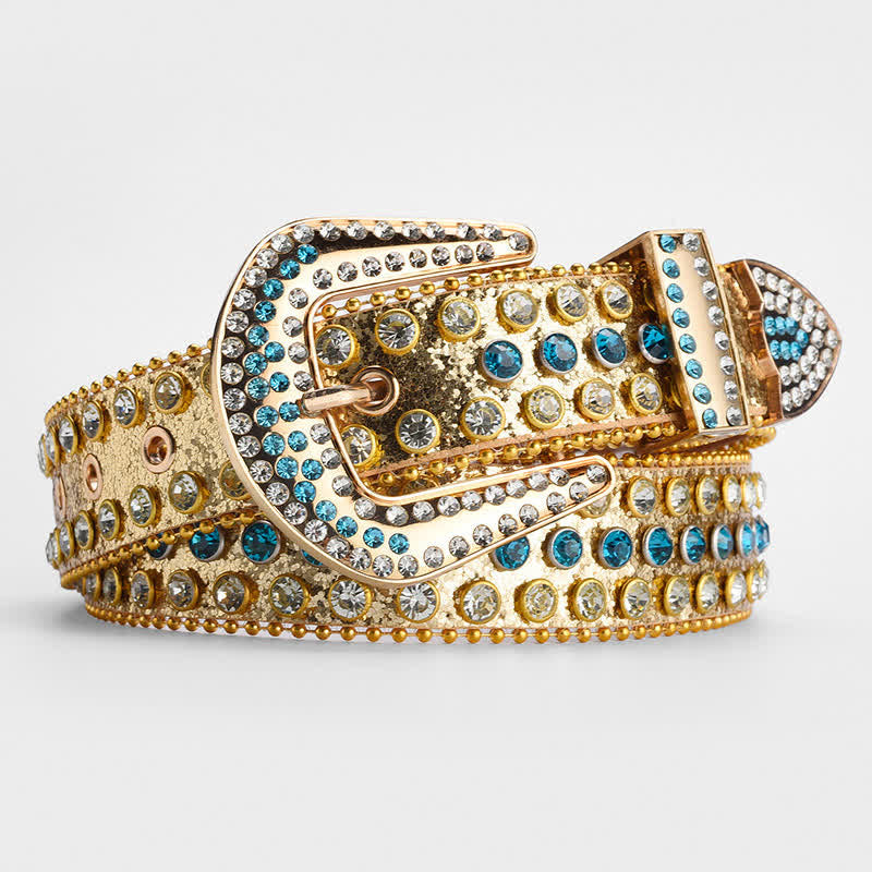 Cintura in pelle tempestata di cristalli e strass scintillanti - Oro e blu - 34 - image 8