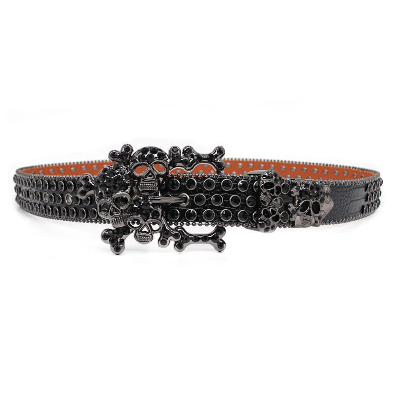 Cintura in pelle con fibbia a forma di teschio nero e borchie di strass - image 4