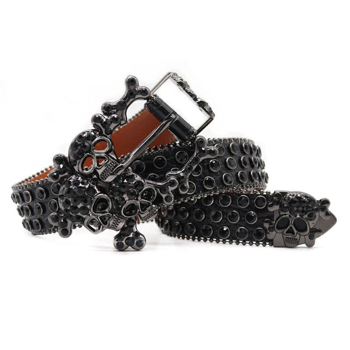 Cintura in pelle con fibbia a forma di teschio nero e borchie di strass - image 3
