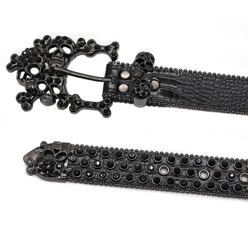Cintura in pelle con fibbia a forma di teschio nero e borchie di strass - image 5