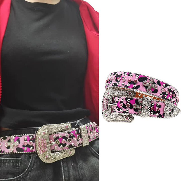Cintura in pelle con borchie a croce e strass scintillanti - image 1
