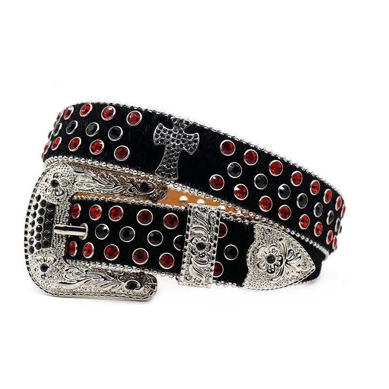 Cintura in pelle con borchie a croce e strass scintillanti - Nero e rosso - 44 - image 10