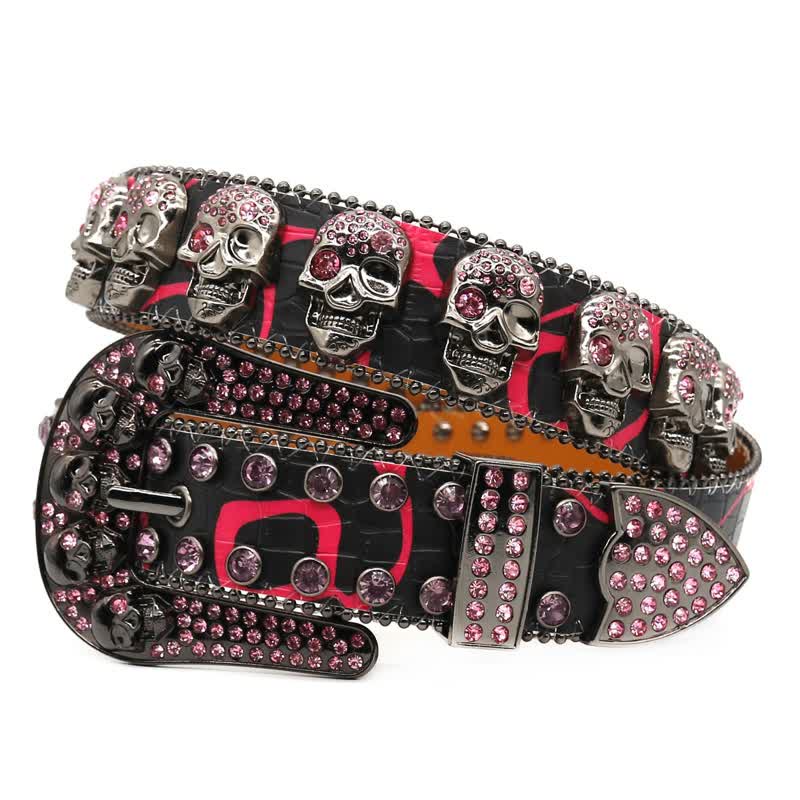 Cintura in pelle con rivetti in strass e design intarsiato con teschio - Nero - 44 - image 0