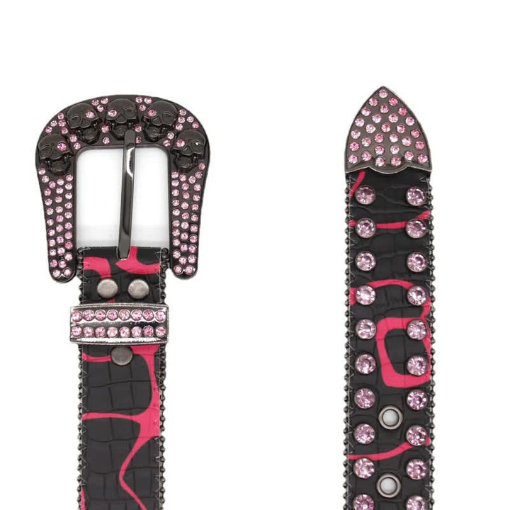 Cintura in pelle con rivetti in strass e design intarsiato con teschio - image 4