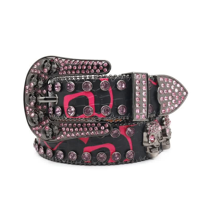 Cintura in pelle con rivetti in strass e design intarsiato con teschio - image 3