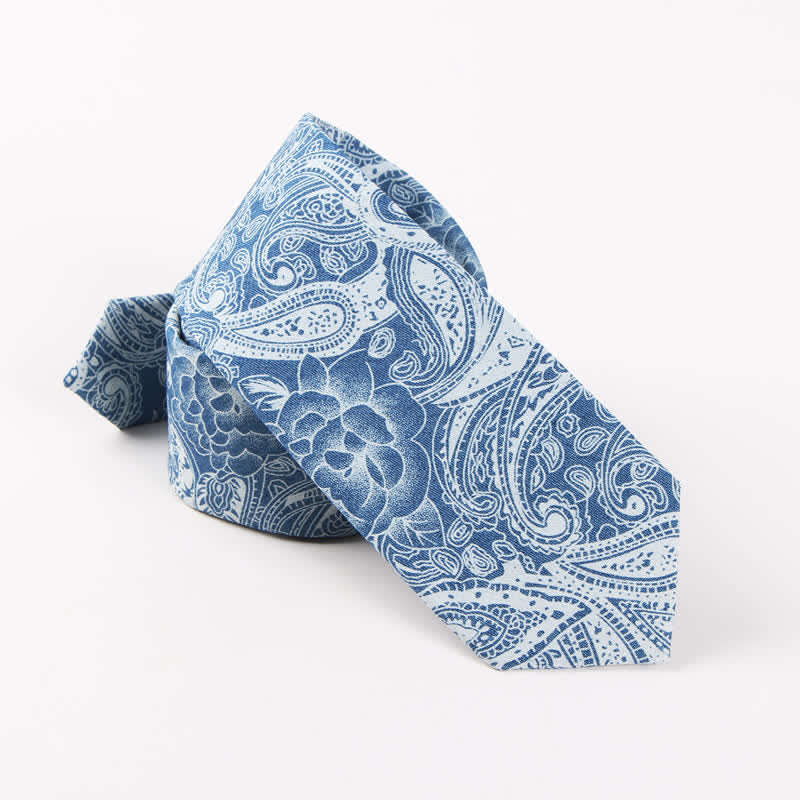 Cravatta da uomo in cotone con stampa teschio spina di pesce blu in stile britannico - image 6