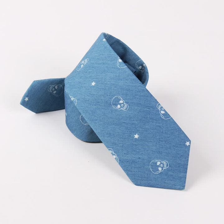 Cravatta da uomo in cotone con stampa teschio spina di pesce blu in stile britannico - image 4
