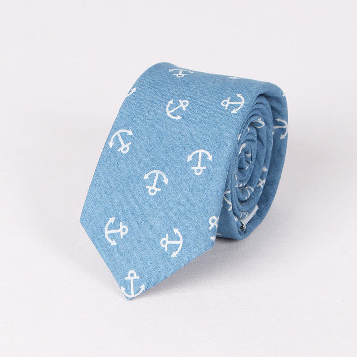 Cravatta da uomo in cotone con stampa teschio spina di pesce blu in stile britannico - Ancora azzurra - image 7