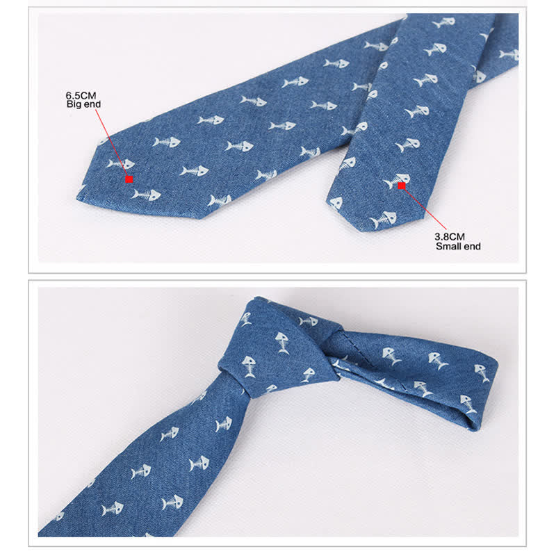 Cravatta da uomo in cotone con stampa teschio spina di pesce blu in stile britannico - image 10