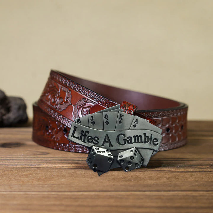 Cintura in pelle con fibbia da poker "Life's A Gamble" fai da te da uomo - Poker - Cintura marrone intagliata (40) - image 8