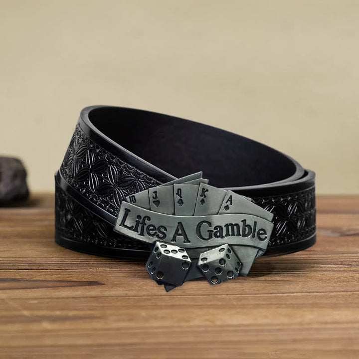 Cintura in pelle con fibbia da poker "Life's A Gamble" fai da te da uomo - Poker - Cintura in tessuto goffrato nero (38) - image 6