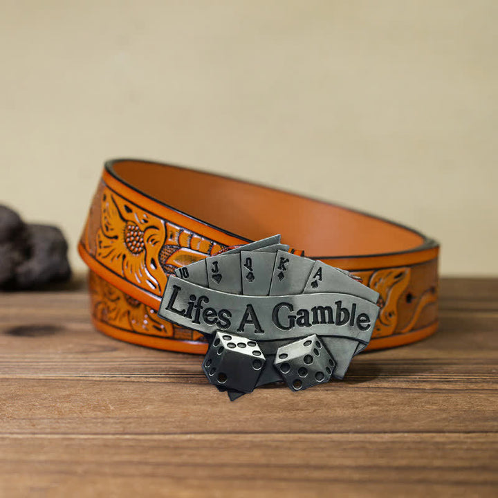 Cintura in pelle con fibbia da poker "Life's A Gamble" fai da te da uomo - Poker - Cintura intagliata arancione (40) - image 10