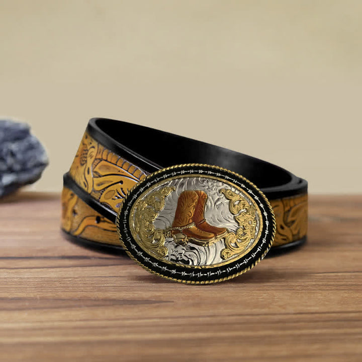 Cintura in pelle con fibbia ovale dorata da cowboy western fai da te da uomo - Stivali - Cintura marrone sabbia (40) - image 7
