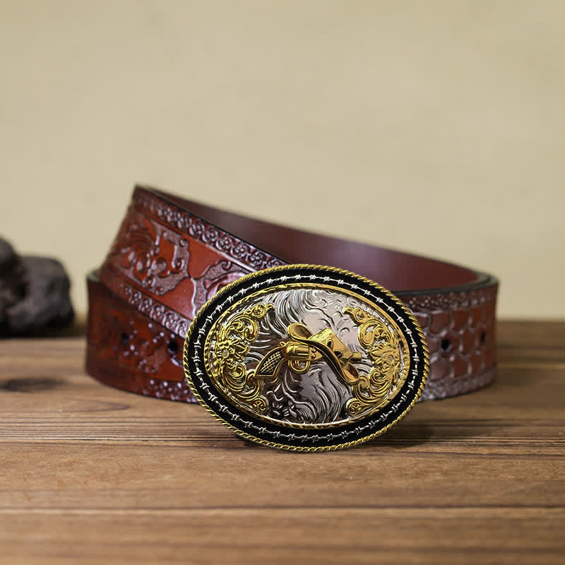 Cintura in pelle con fibbia ovale dorata da cowboy western fai da te da uomo - Cappello e pistola - Cintura marrone intagliata (40) - image 22