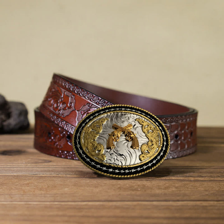 Cintura in pelle con fibbia ovale dorata da cowboy western fai da te da uomo - Armi - Cintura marrone intagliata (40) - image 14
