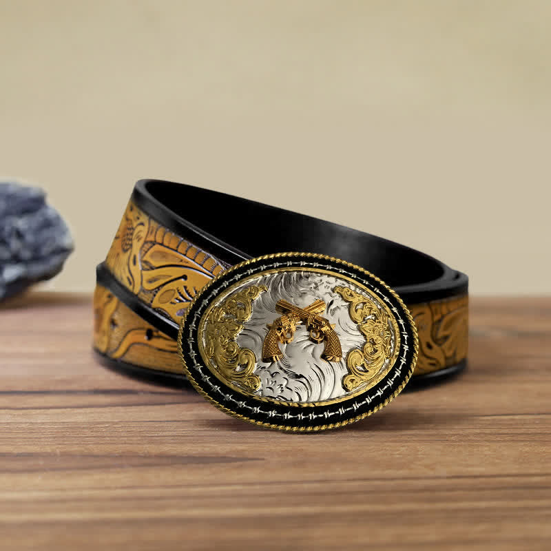 Cintura in pelle con fibbia ovale dorata da cowboy western fai da te da uomo - Armi - Cintura marrone sabbia (40) - image 15