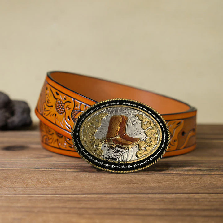 Cintura in pelle con fibbia ovale dorata da cowboy western fai da te da uomo - Stivali - Cintura intagliata arancione (40) - image 8