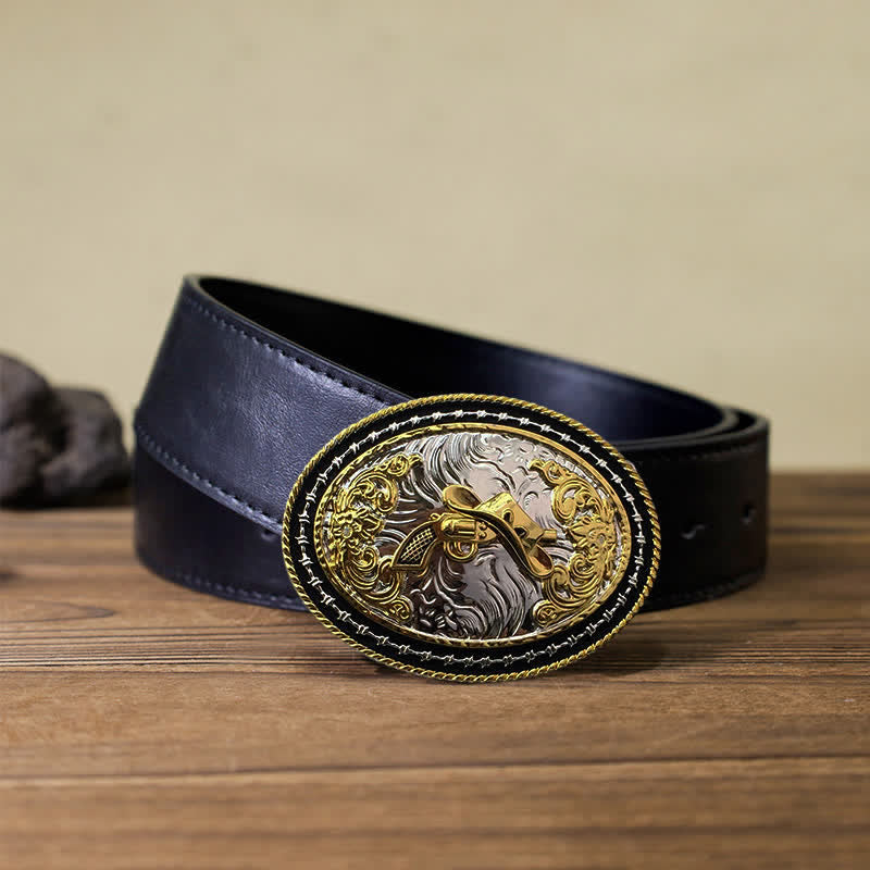 Cintura in pelle con fibbia ovale dorata da cowboy western fai da te da uomo - Cappello e pistola - Cintura PU nera (40) - image 18