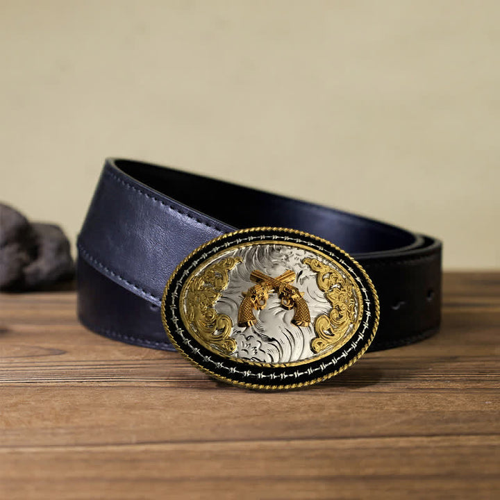 Cintura in pelle con fibbia ovale dorata da cowboy western fai da te da uomo - Armi - Cintura PU nera (40) - image 10