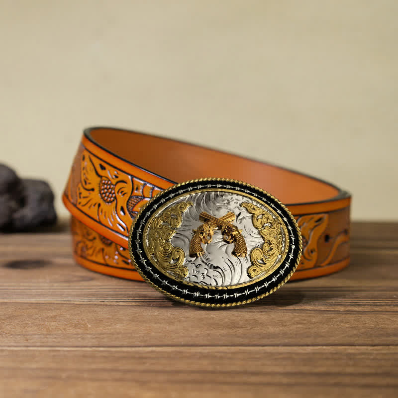 Cintura in pelle con fibbia ovale dorata da cowboy western fai da te da uomo - Armi - Cintura intagliata arancione (40) - image 16