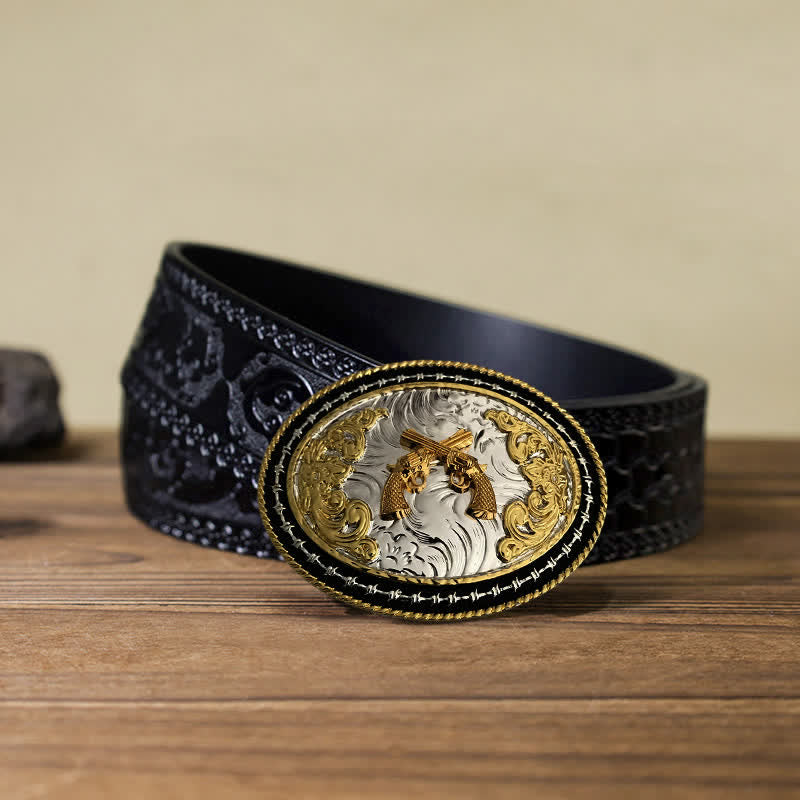 Cintura in pelle con fibbia ovale dorata da cowboy western fai da te da uomo - Armi - Cintura nera intagliata (40) - image 13