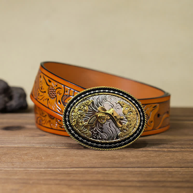 Cintura in pelle con fibbia ovale dorata da cowboy western fai da te da uomo - Cappello e pistola - Cintura intagliata arancione (40) - image 24