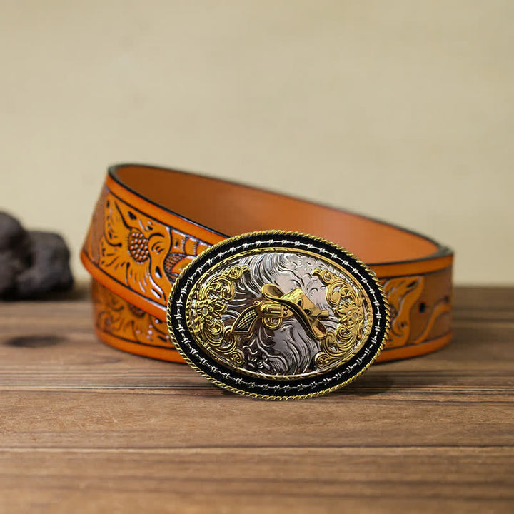 Cintura in pelle con fibbia ovale dorata da cowboy western fai da te da uomo - Cappello e pistola - Cintura intagliata arancione (40) - image 24
