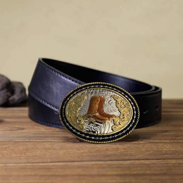 Cintura in pelle con fibbia ovale dorata da cowboy western fai da te da uomo - Stivali - Cintura PU nera (40) - image 2