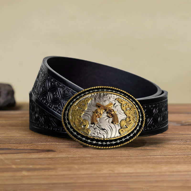 Cintura in pelle con fibbia ovale dorata da cowboy western fai da te da uomo - Armi - Cintura in tessuto goffrato nero (38) - image 12
