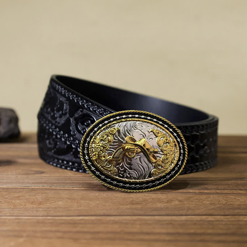 Cintura in pelle con fibbia ovale dorata da cowboy western fai da te da uomo - Cappello e pistola - Cintura nera intagliata (40) - image 21