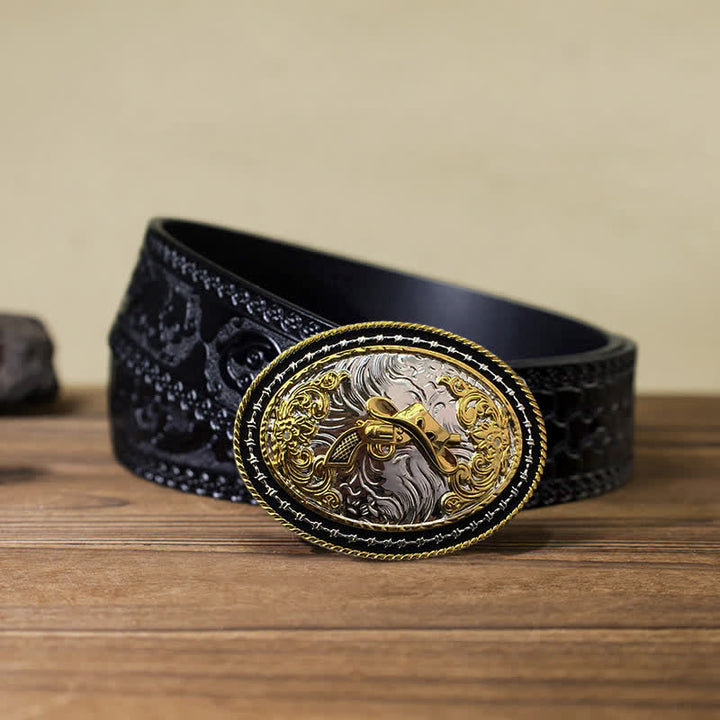 Cintura in pelle con fibbia ovale dorata da cowboy western fai da te da uomo - Cappello e pistola - Cintura nera intagliata (40) - image 21
