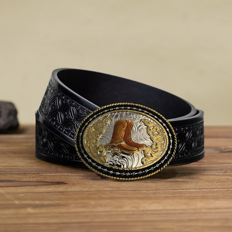 Cintura in pelle con fibbia ovale dorata da cowboy western fai da te da uomo - Stivali - Cintura in tessuto goffrato nero (38) - image 4