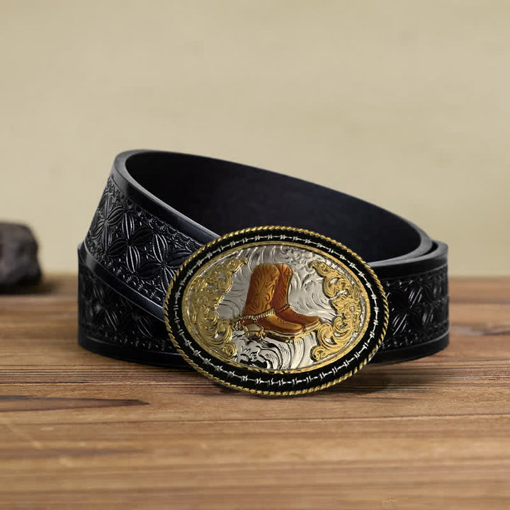 Cintura in pelle con fibbia ovale dorata da cowboy western fai da te da uomo - Stivali - Cintura in tessuto goffrato nero (38) - image 4