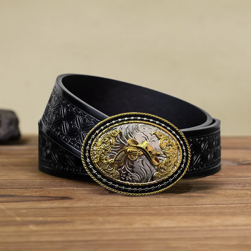 Cintura in pelle con fibbia ovale dorata da cowboy western fai da te da uomo - Cappello e pistola - Cintura in tessuto goffrato nero (38) - image 20