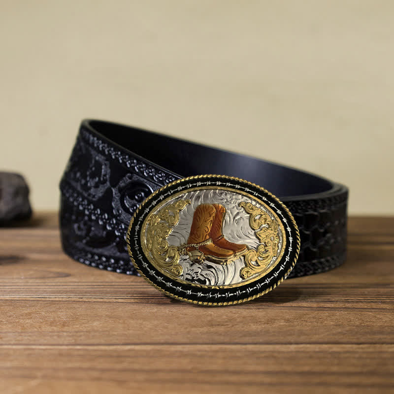 Cintura in pelle con fibbia ovale dorata da cowboy western fai da te da uomo - Stivali - Cintura nera intagliata (40) - image 5