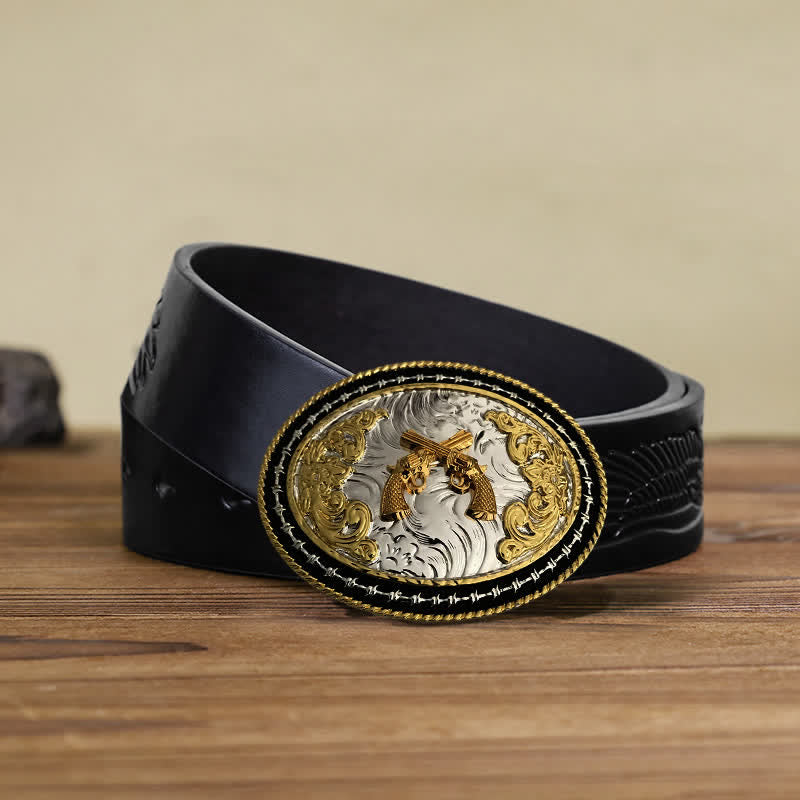 Cintura in pelle con fibbia ovale dorata da cowboy western fai da te da uomo - Armi - Cintura aquila nera in rilievo (38) - image 11