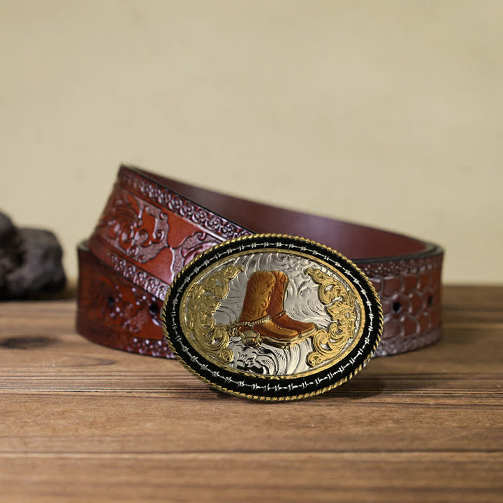 Cintura in pelle con fibbia ovale dorata da cowboy western fai da te da uomo - Stivali - Cintura marrone intagliata (40) - image 6