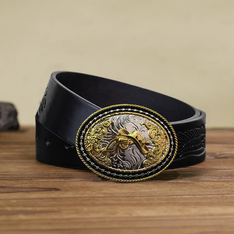 Cintura in pelle con fibbia ovale dorata da cowboy western fai da te da uomo - Cappello e pistola - Cintura aquila nera in rilievo (38) - image 19