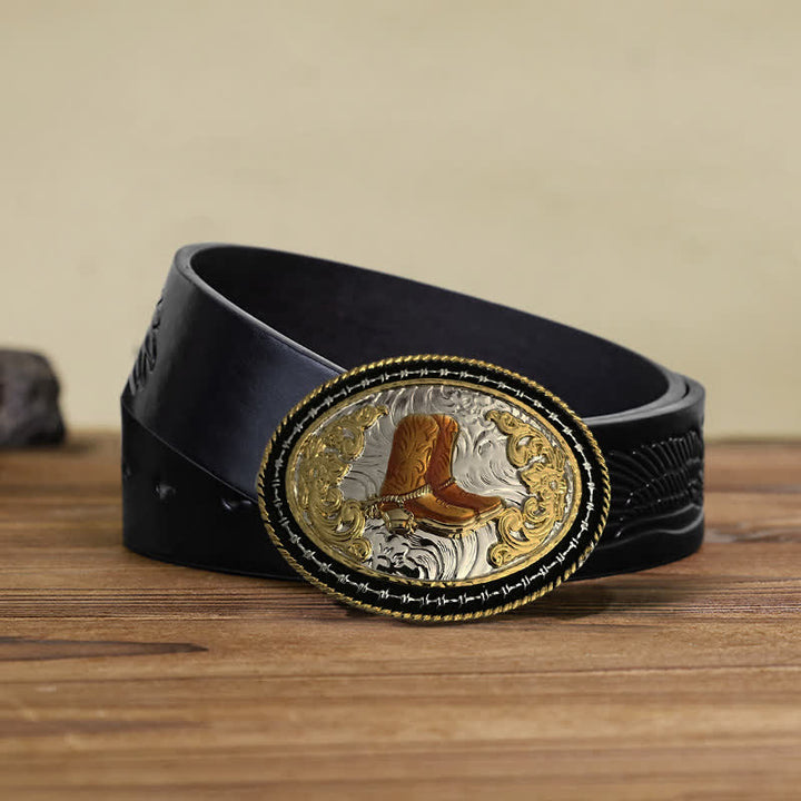 Cintura in pelle con fibbia ovale dorata da cowboy western fai da te da uomo - Stivali - Cintura aquila nera in rilievo (38) - image 3