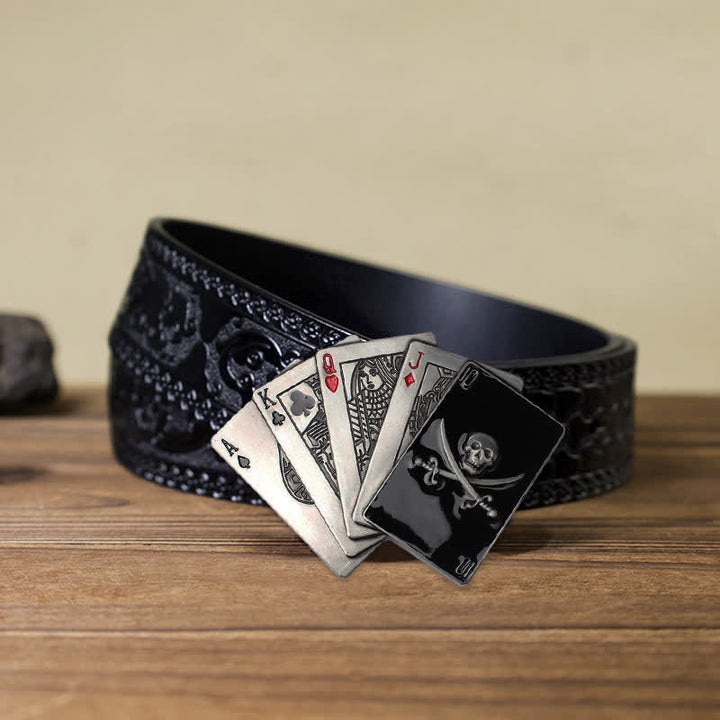 Cintura in pelle con fibbia a filo da poker con teschio pirata fai da te da uomo - Poker - Cintura nera intagliata (40) - image 6