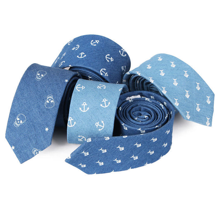 Cravatta da uomo in cotone con stampa teschio spina di pesce blu in stile britannico - image 0