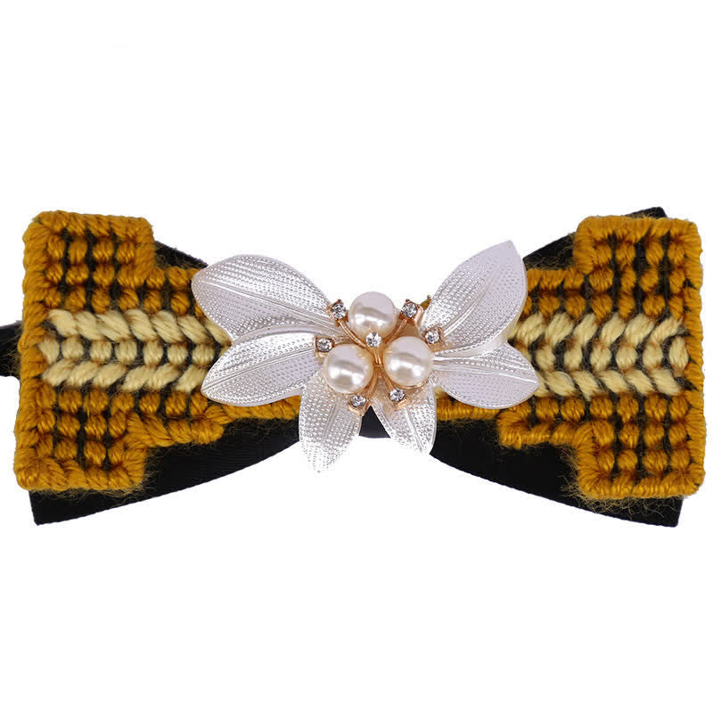 Papillon da uomo in lana intrecciata con perle e fiori di pietra - Marrone - image 6