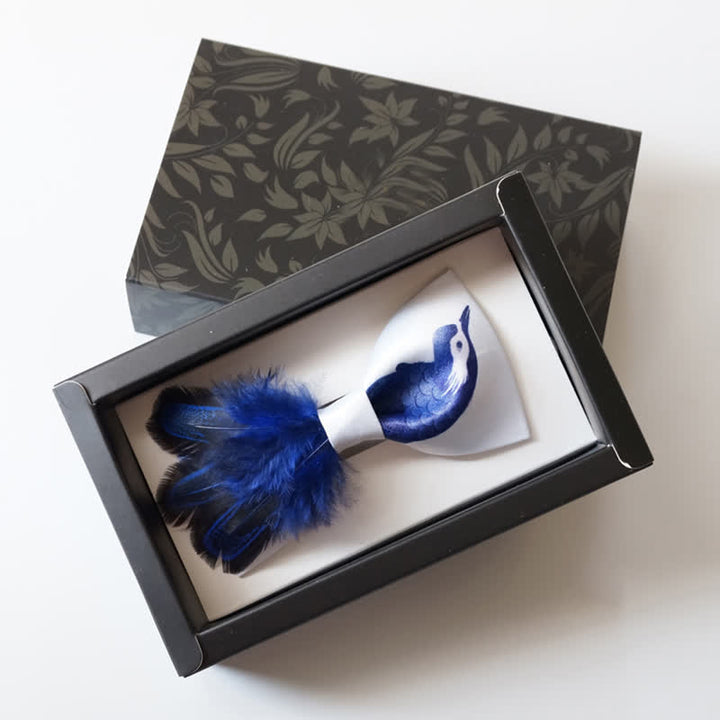 Papillon con piume di uccello blu navy e bianco puro - image 5